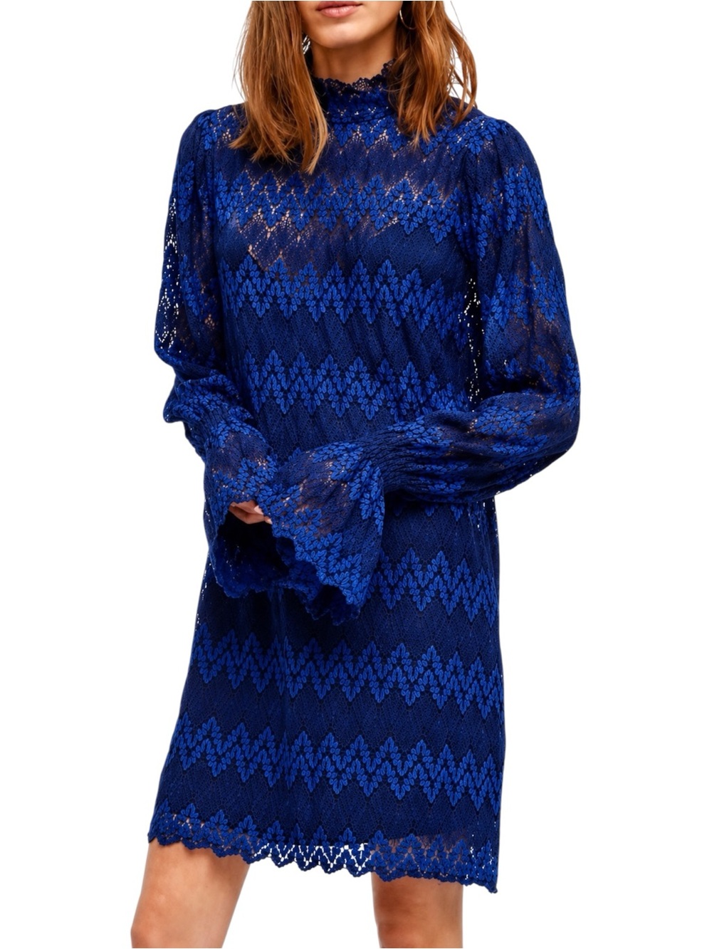 FREE PEOPLE Simone Blue Black Lace Mini Shift Dress Medium